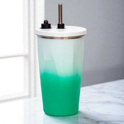 Stainless Steel Vacuum Flask with Straw ( White - Green )