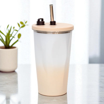 Stainless Steel Vacuum Flask with Straw ( White - Beige)