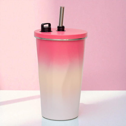 Stainless Steel Vacuum Flask with Straw ( Red - Beige )