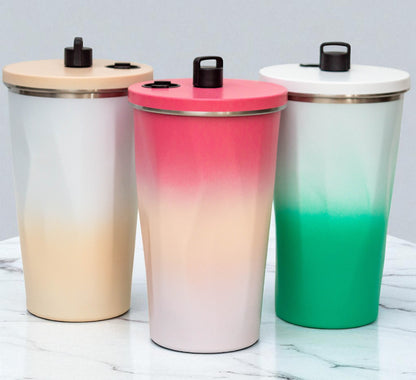 Stainless Steel Vacuum Flask with Straw ( White - Beige)